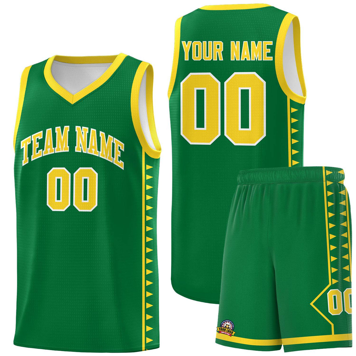 Custom Kelly Green Gold Basketball Kits With Side Zigzag Pattern
