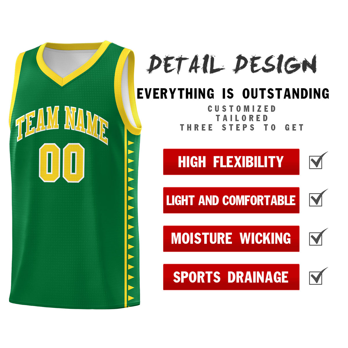 Custom Kelly Green Gold Basketball Kits With Side Zigzag Pattern