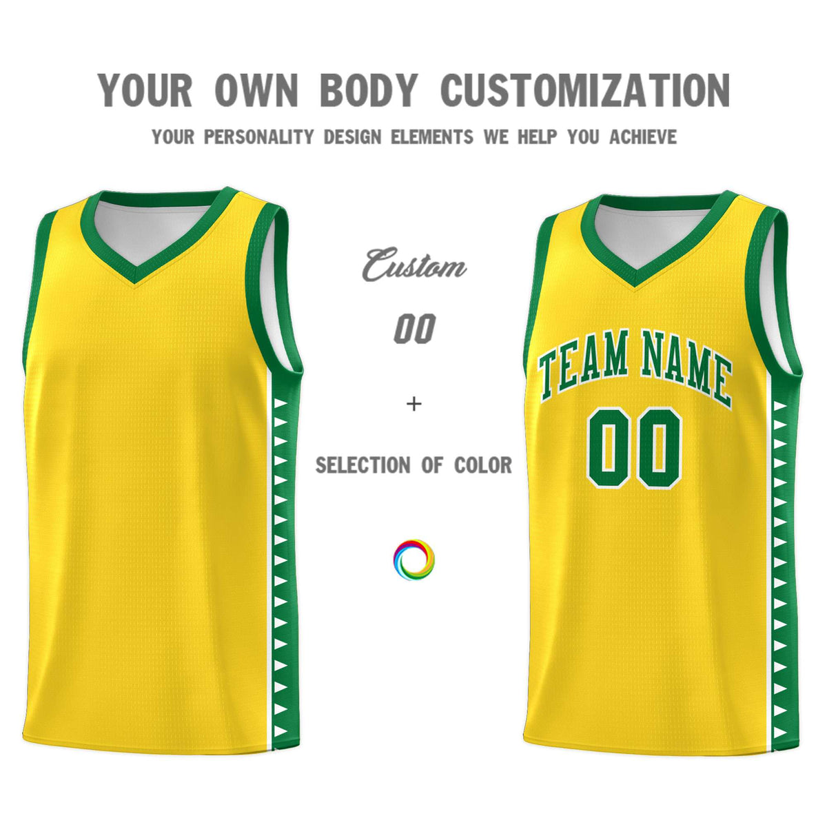 Custom Gold Kelly Green Basketball Kits With Side Zigzag Pattern