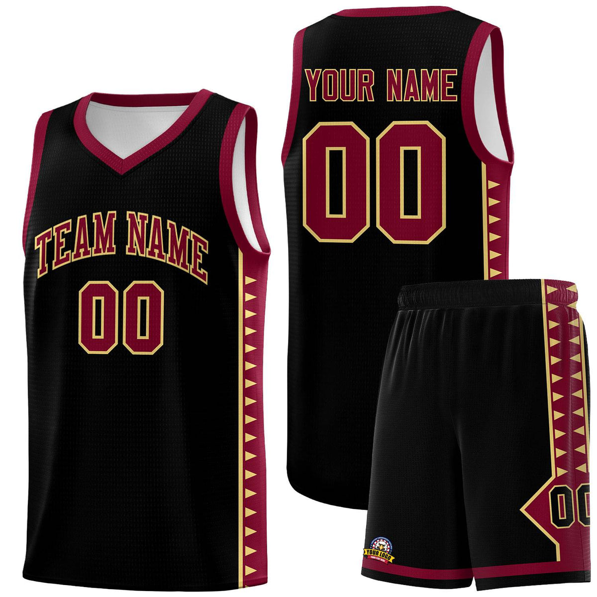 Custom Black Crimson Basketball Kits With Side Zigzag Pattern