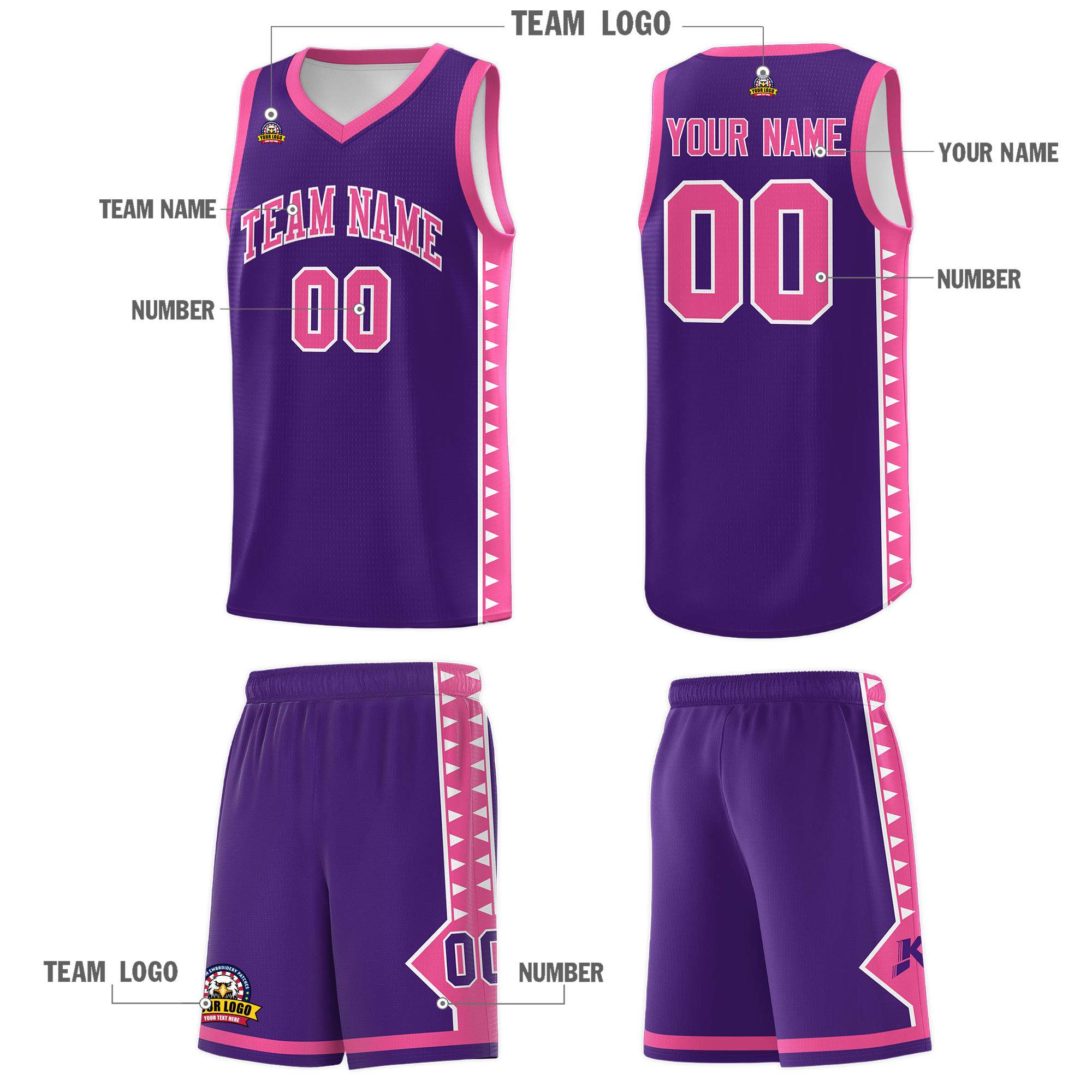 Custom Purple Pink Basketball Kits With Side Zigzag Pattern