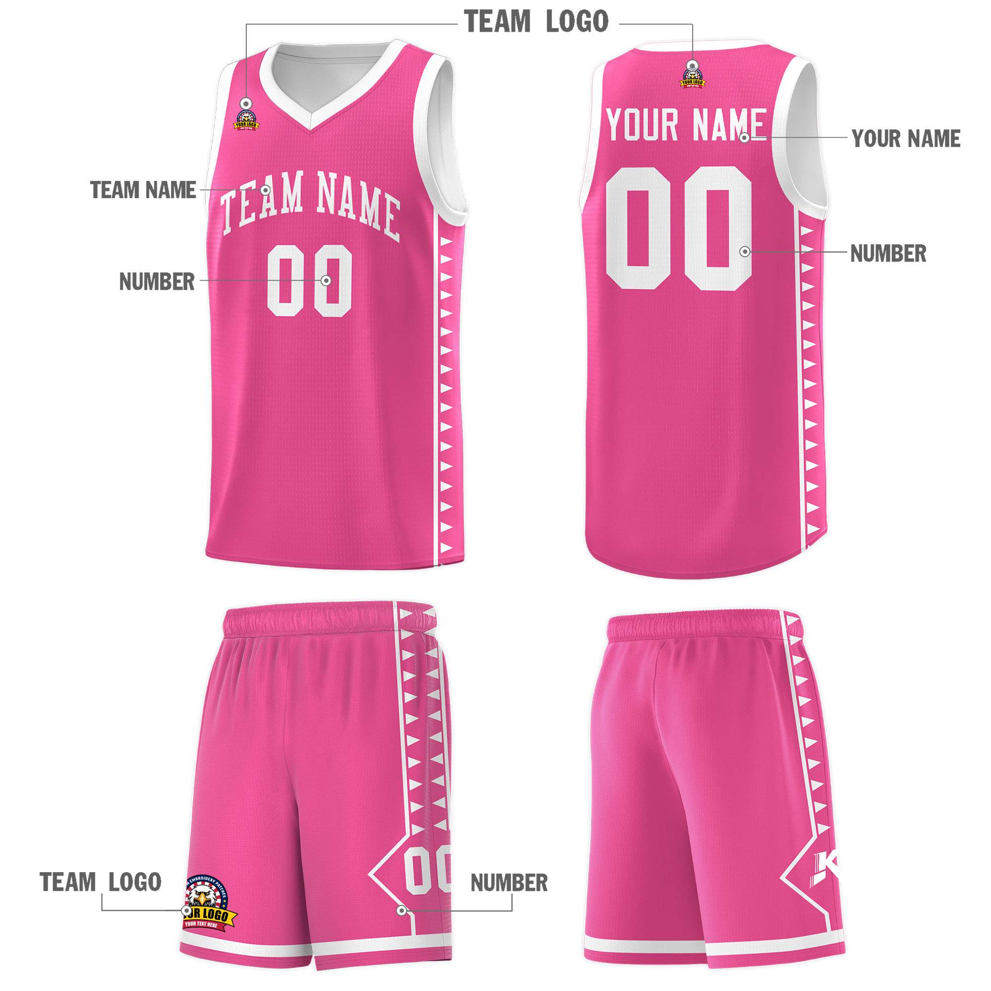 Custom Pink White Basketball Kits With Side Zigzag Pattern