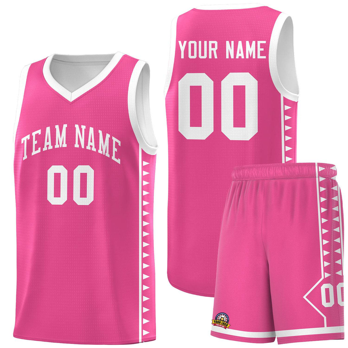 Custom Pink White Basketball Kits With Side Zigzag Pattern
