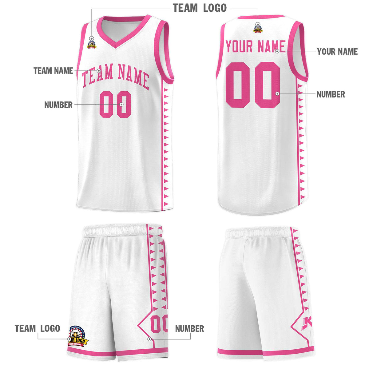Custom White Pink Basketball Kits With Side Zigzag Pattern