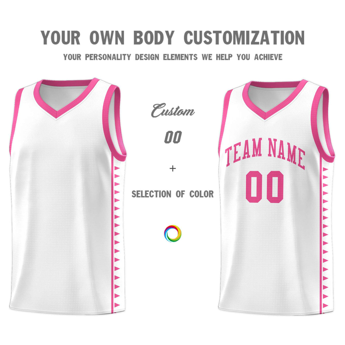 Custom White Pink Basketball Kits With Side Zigzag Pattern