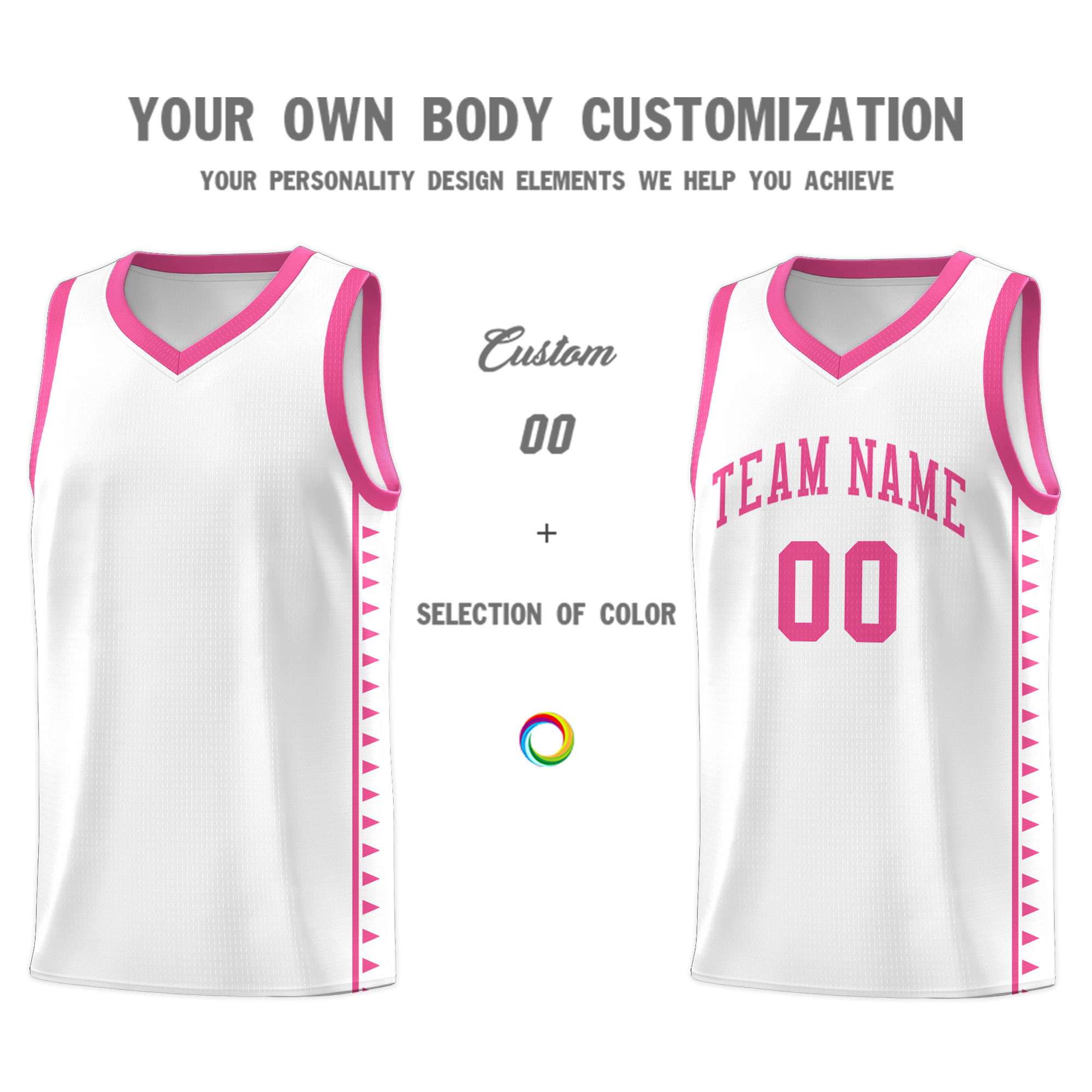 Custom White Pink Basketball Kits With Side Zigzag Pattern
