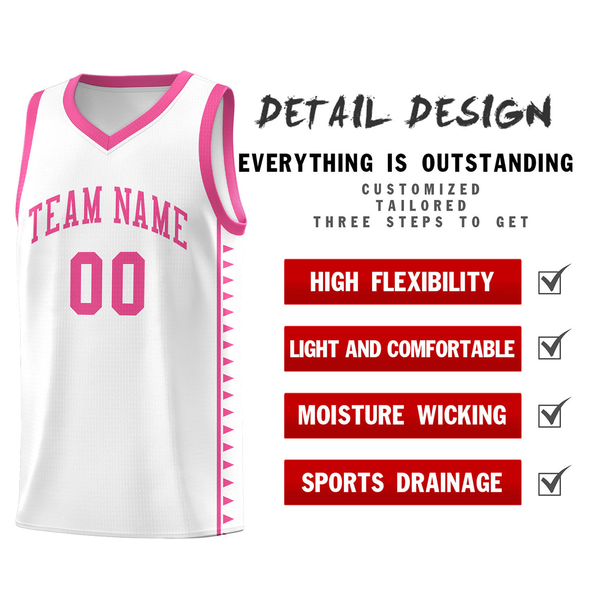 Custom White Pink Basketball Kits With Side Zigzag Pattern