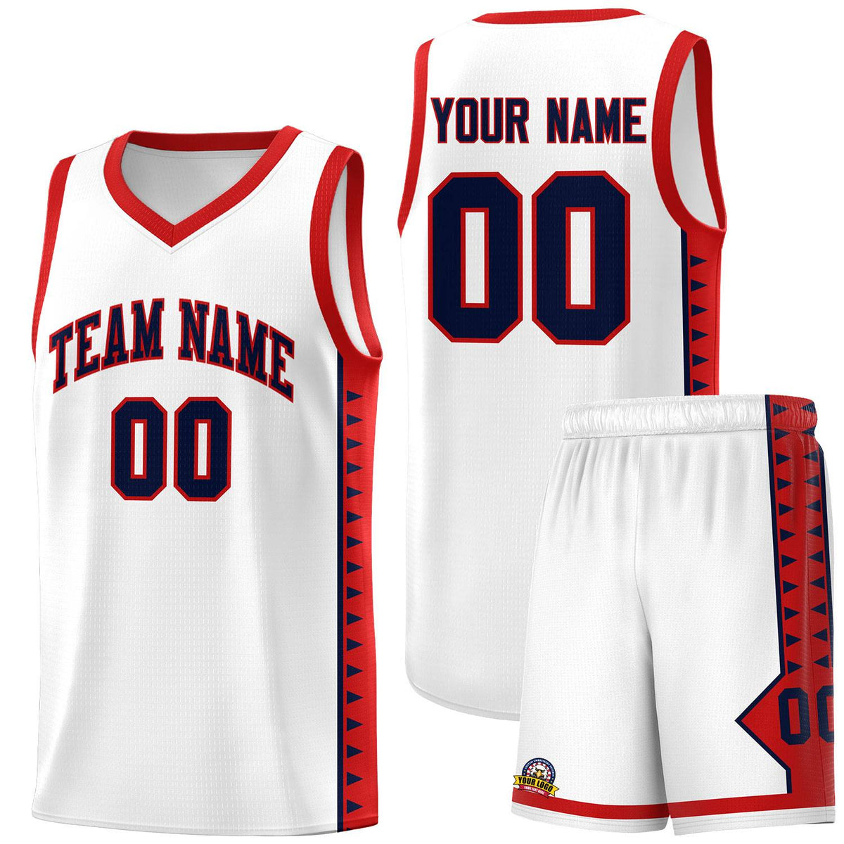 Custom White Red Basketball Kits With Side Zigzag Pattern