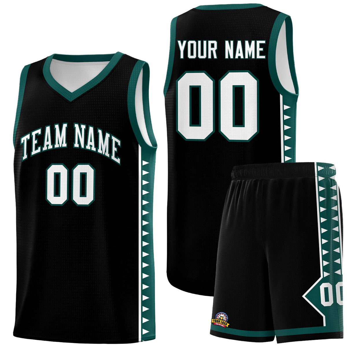 Custom Black Midnight Green Basketball Kits With Side Zigzag Pattern