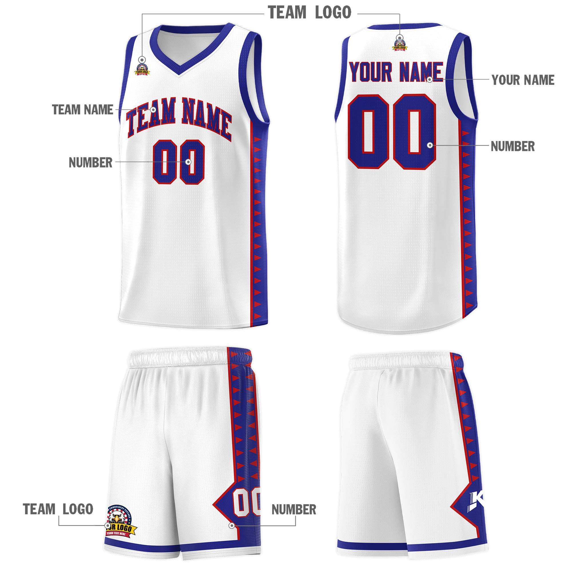 Custom White Royal Basketball Kits With Side Zigzag Pattern