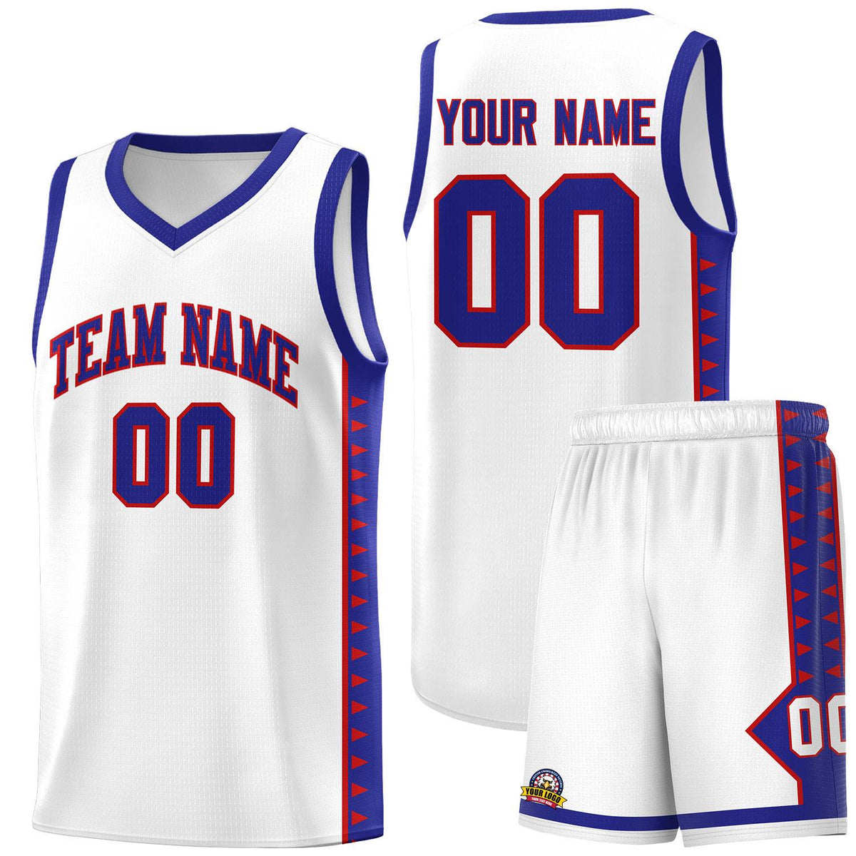 Custom White Royal Basketball Kits With Side Zigzag Pattern