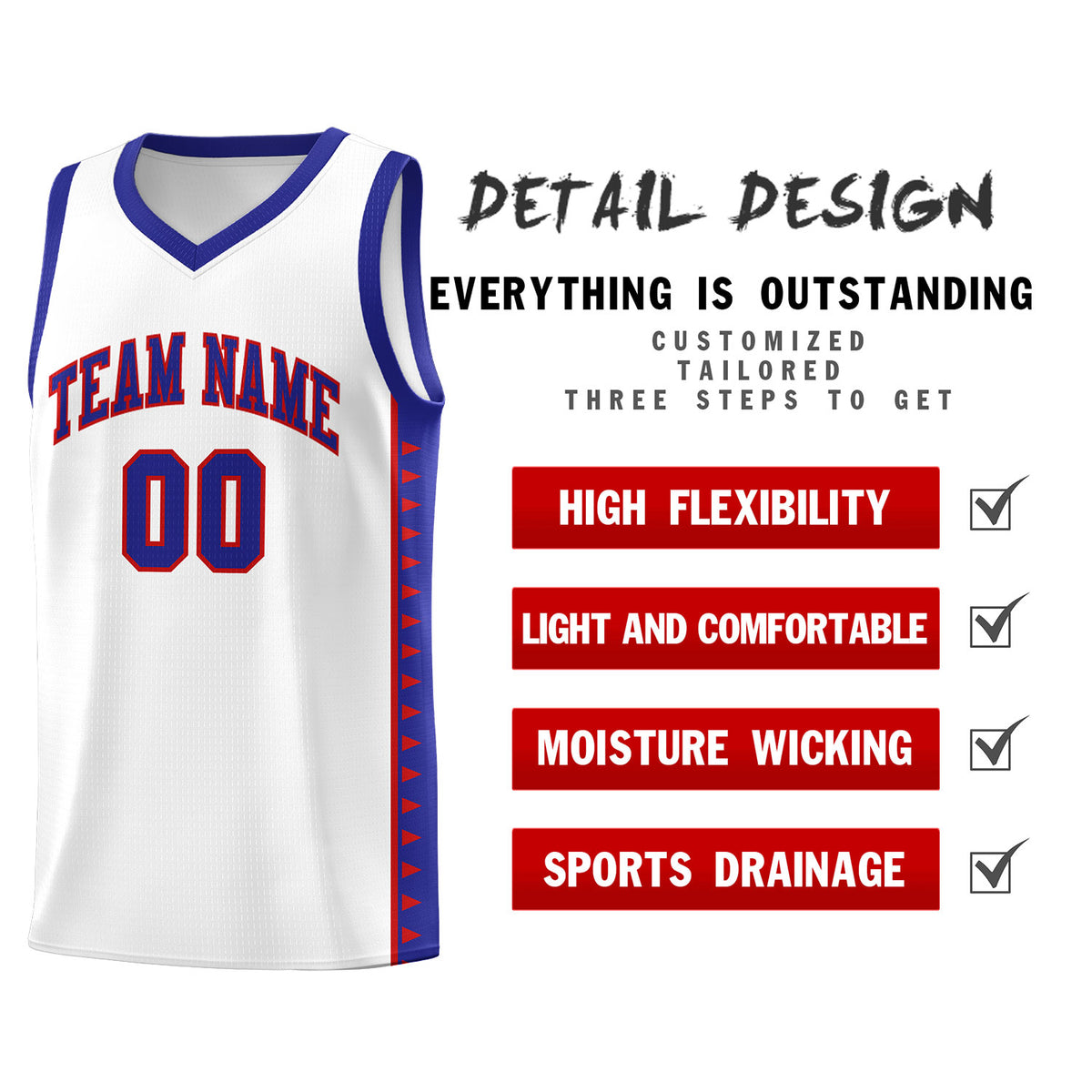 Custom White Royal Basketball Kits With Side Zigzag Pattern