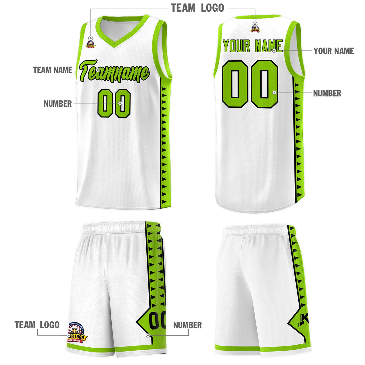 Custom White Neon Green Basketball Kits With Side Zigzag Pattern