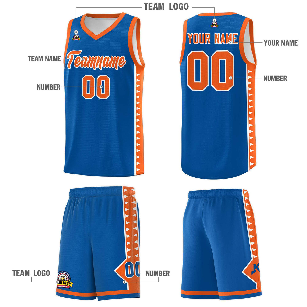 Custom Royal Orange Basketball Kits With Side Zigzag Pattern