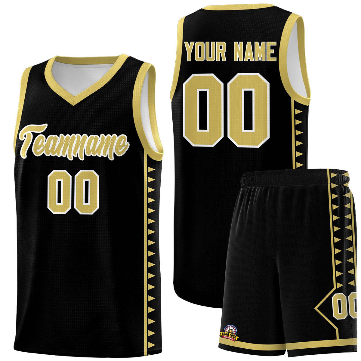 Custom Black Old Gold Basketball Kits With Side Zigzag Pattern