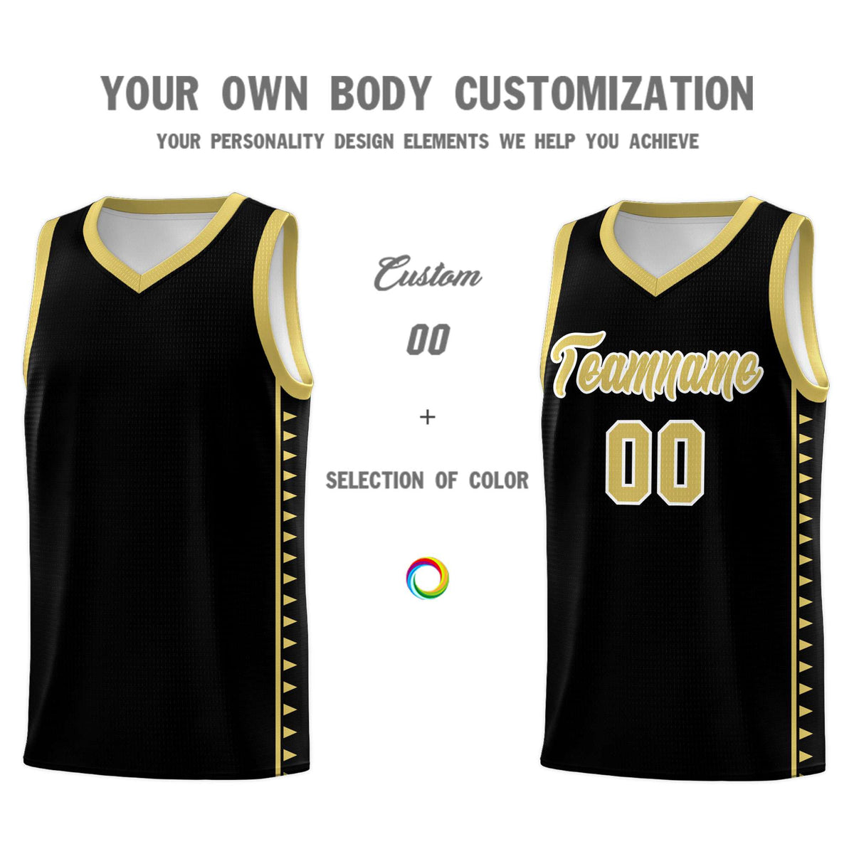 Custom Black Old Gold Basketball Kits With Side Zigzag Pattern