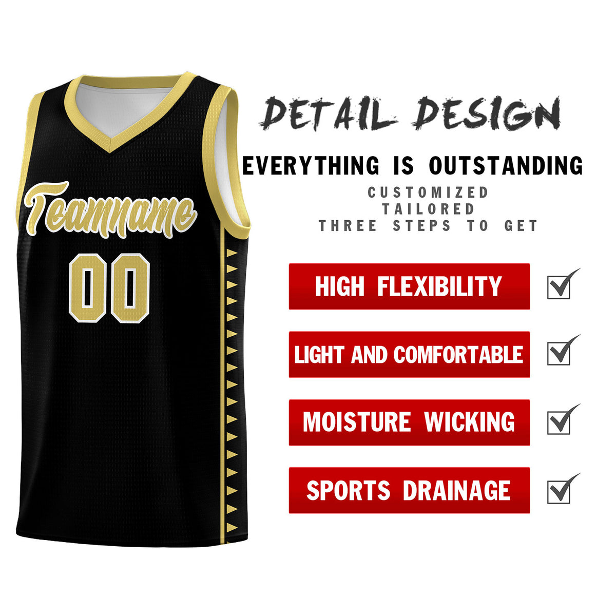Custom Black Old Gold Basketball Kits With Side Zigzag Pattern