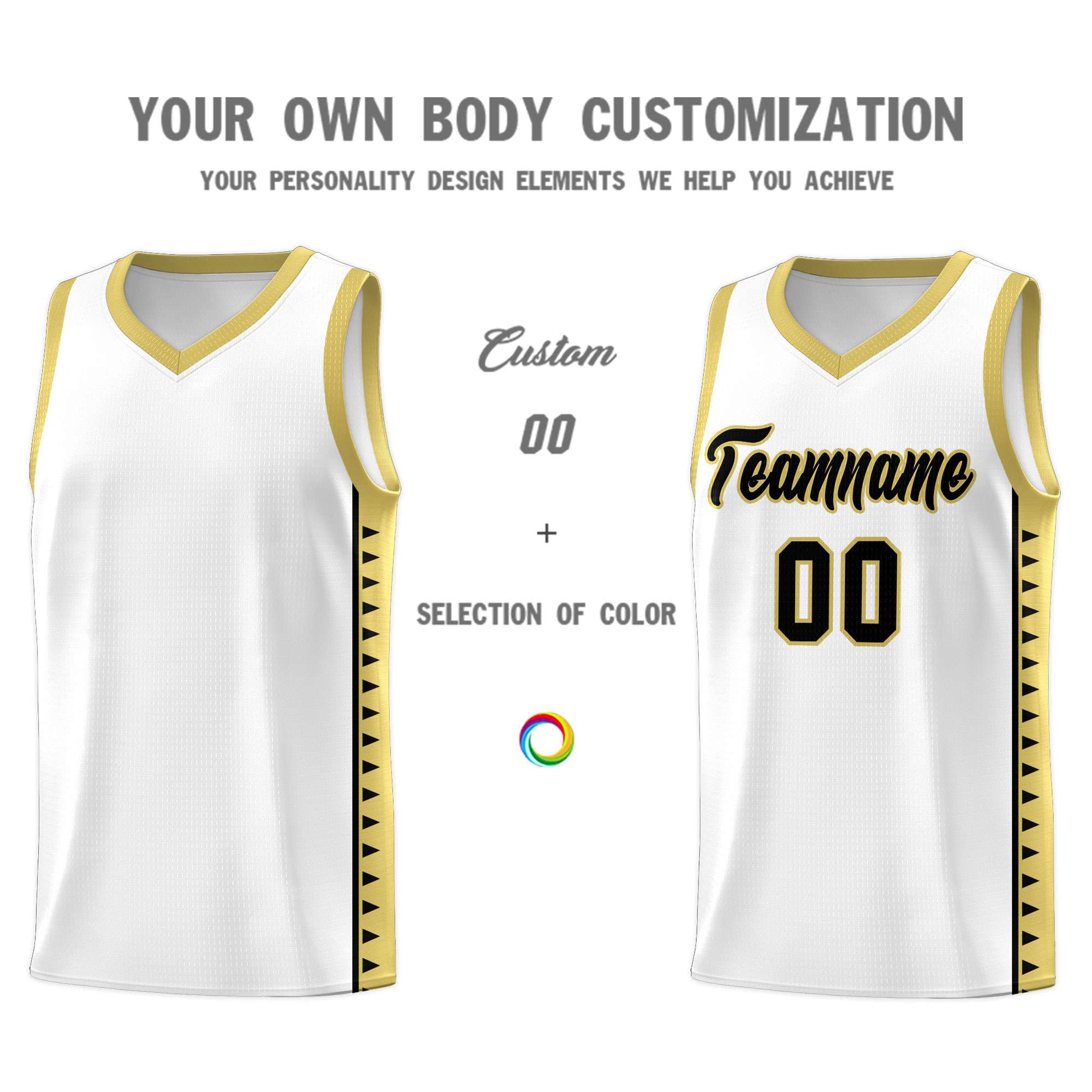 Custom White Old Gold Basketball Kits With Side Zigzag Pattern