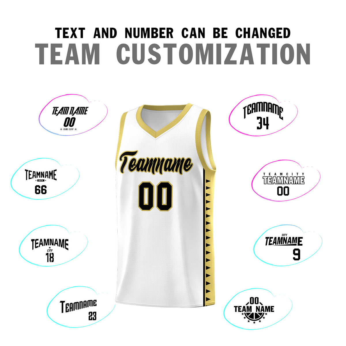 Custom White Old Gold Basketball Kits With Side Zigzag Pattern