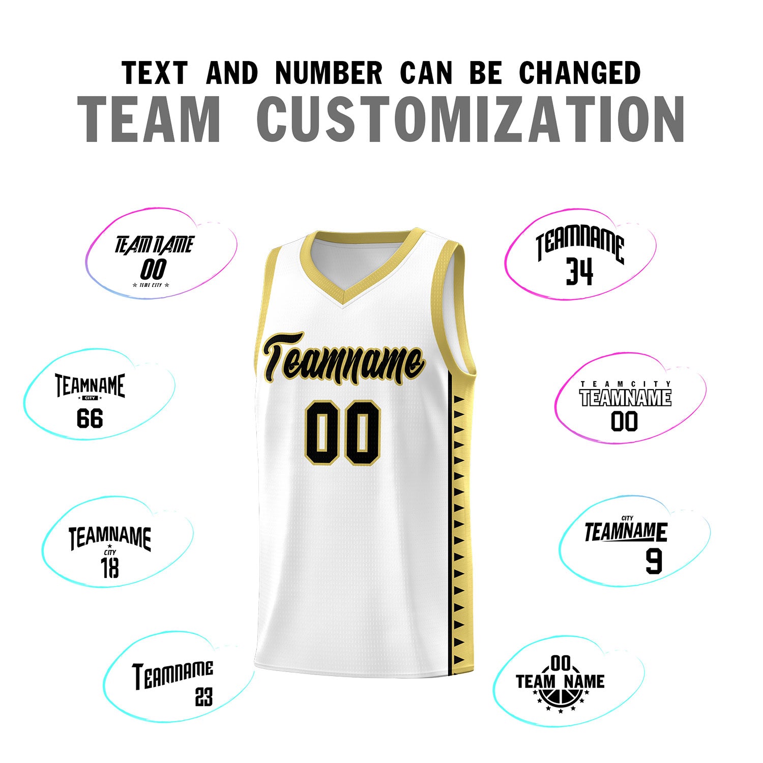 Custom White Old Gold Basketball Kits With Side Zigzag Pattern