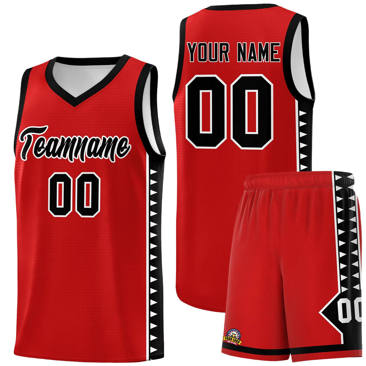 Custom Red Black Basketball Kits With Side Zigzag Pattern