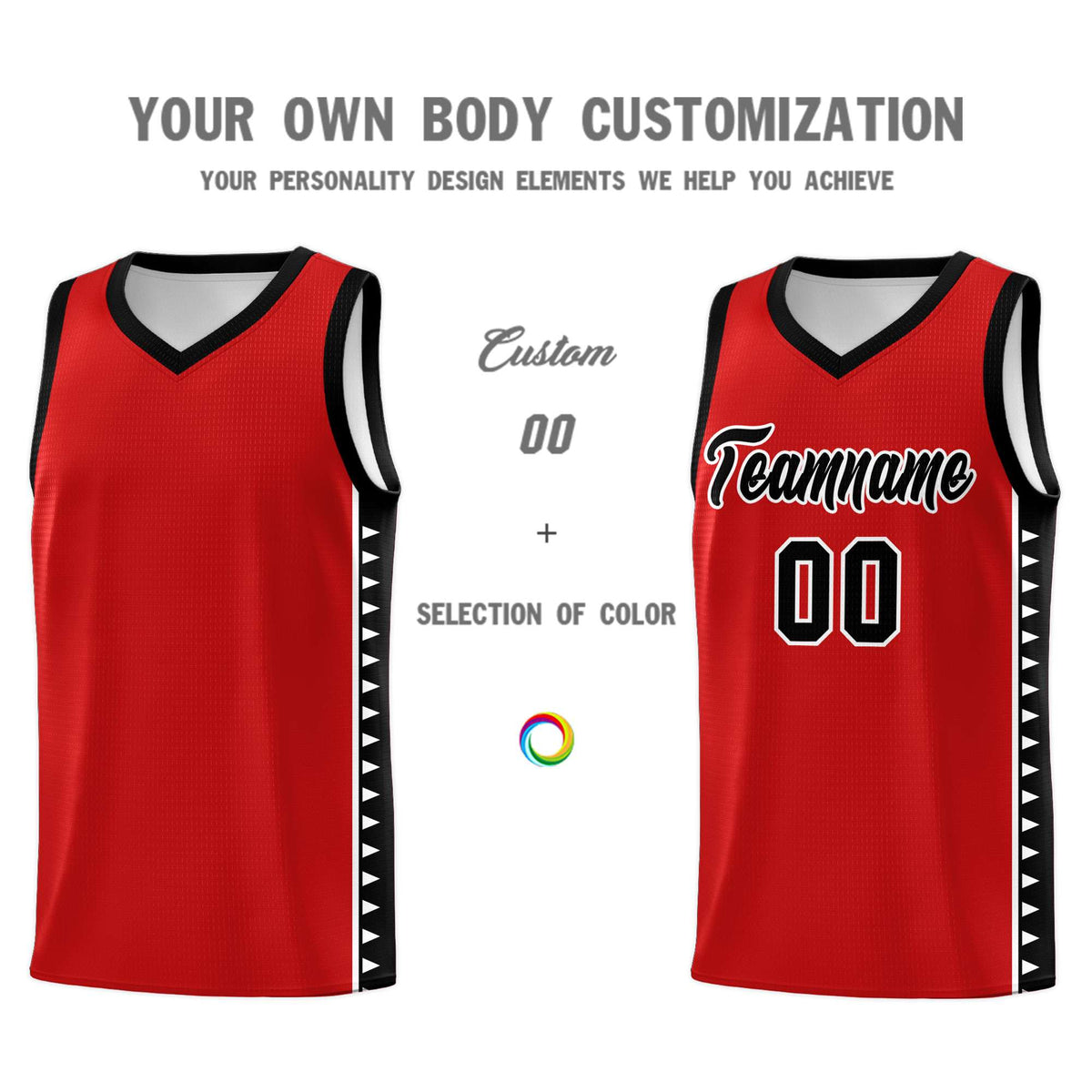 Custom Red Black Basketball Kits With Side Zigzag Pattern