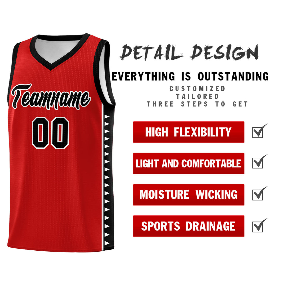 Custom Red Black Basketball Kits With Side Zigzag Pattern