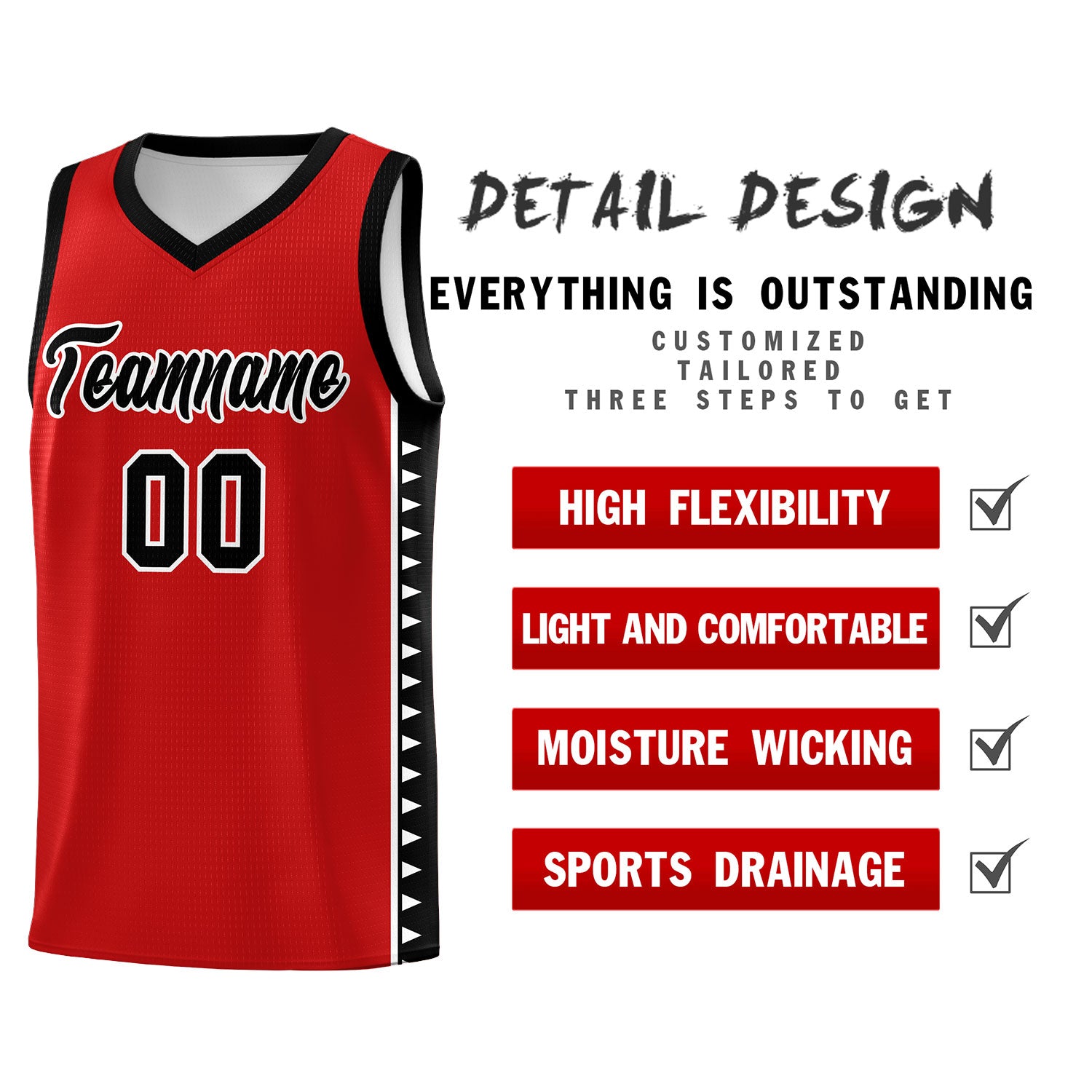 Custom Red Black Basketball Kits With Side Zigzag Pattern