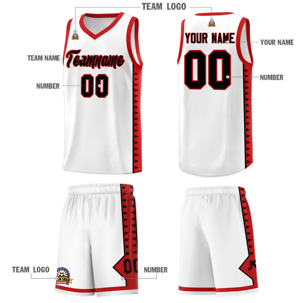Custom White Red Basketball Kits With Side Zigzag Pattern