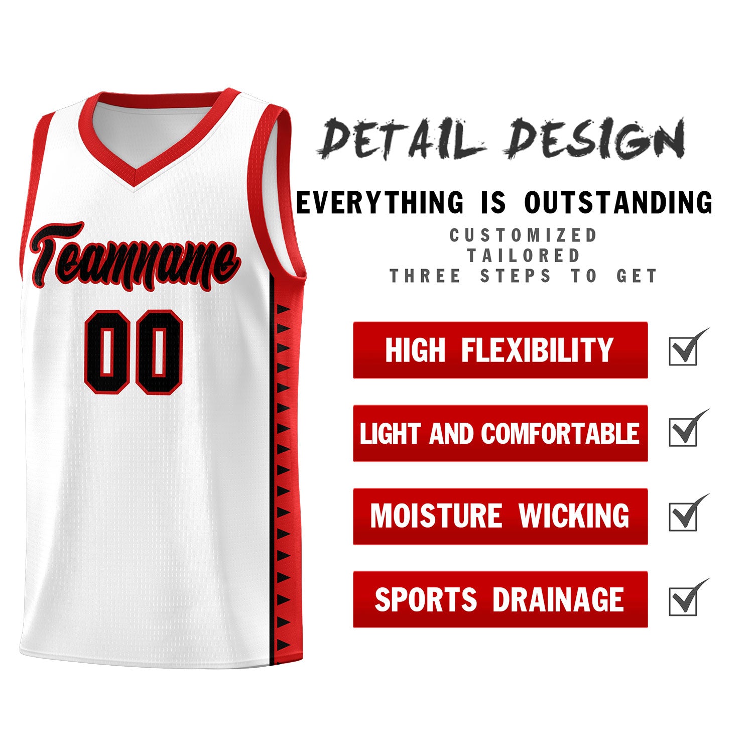 Custom White Red Basketball Kits With Side Zigzag Pattern