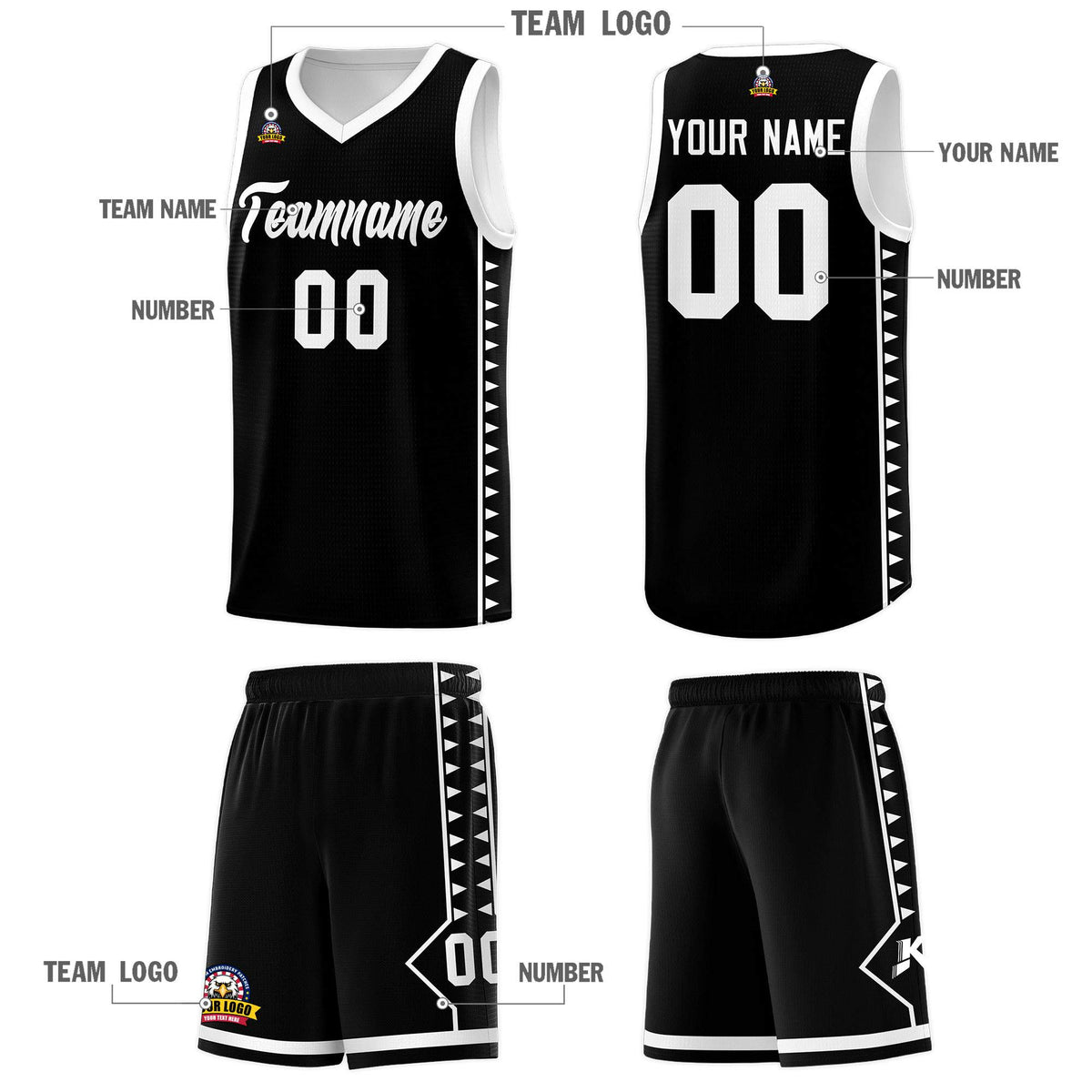 Custom Black White Basketball Kits With Side Zigzag Pattern