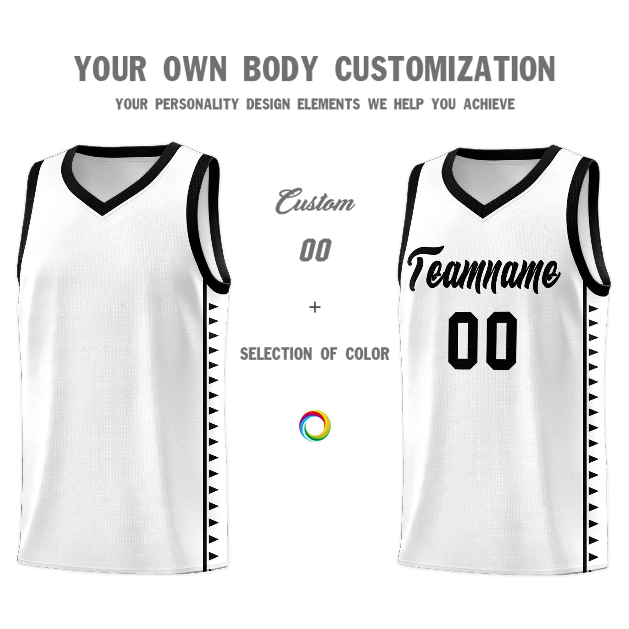 Custom White Black Basketball Kits With Side Zigzag Pattern