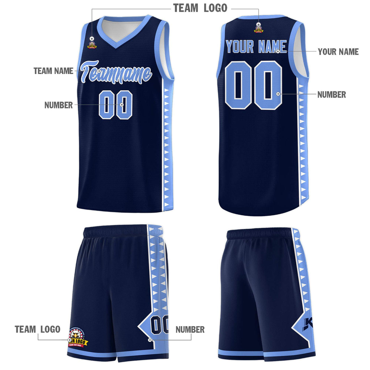 Custom Navy Light Blue Basketball Kits With Side Zigzag Pattern