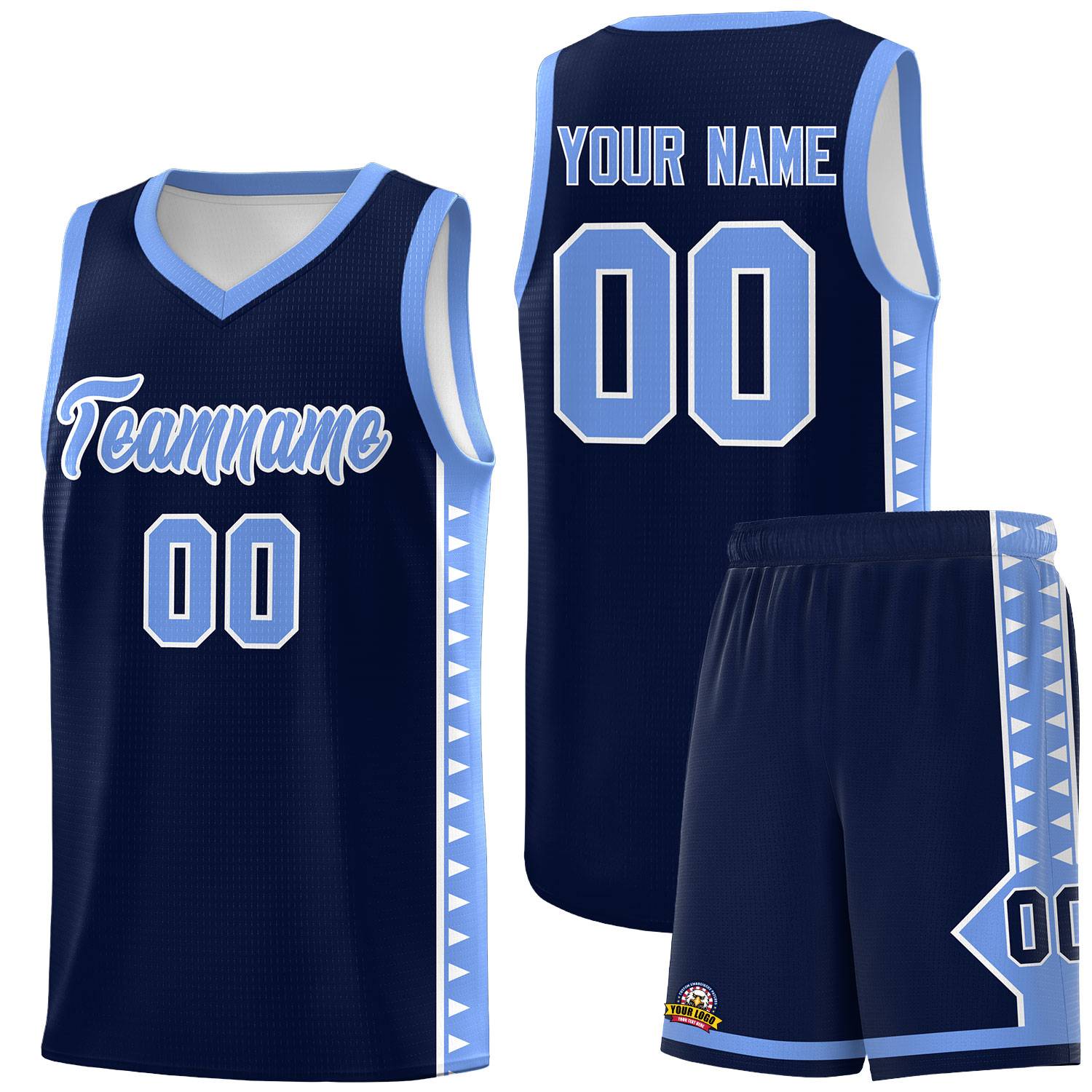 Custom Navy Light Blue Basketball Kits With Side Zigzag Pattern