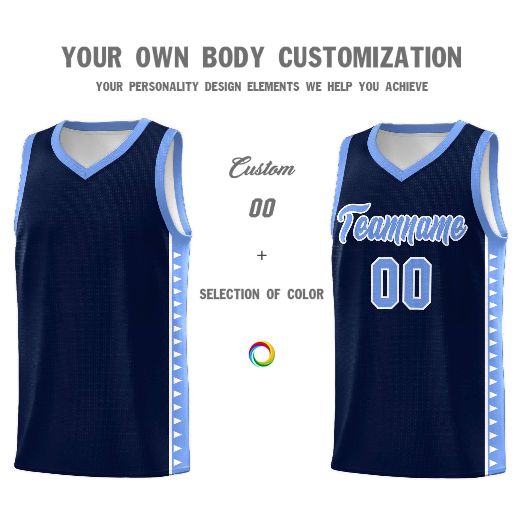 Custom Navy Light Blue Basketball Kits With Side Zigzag Pattern
