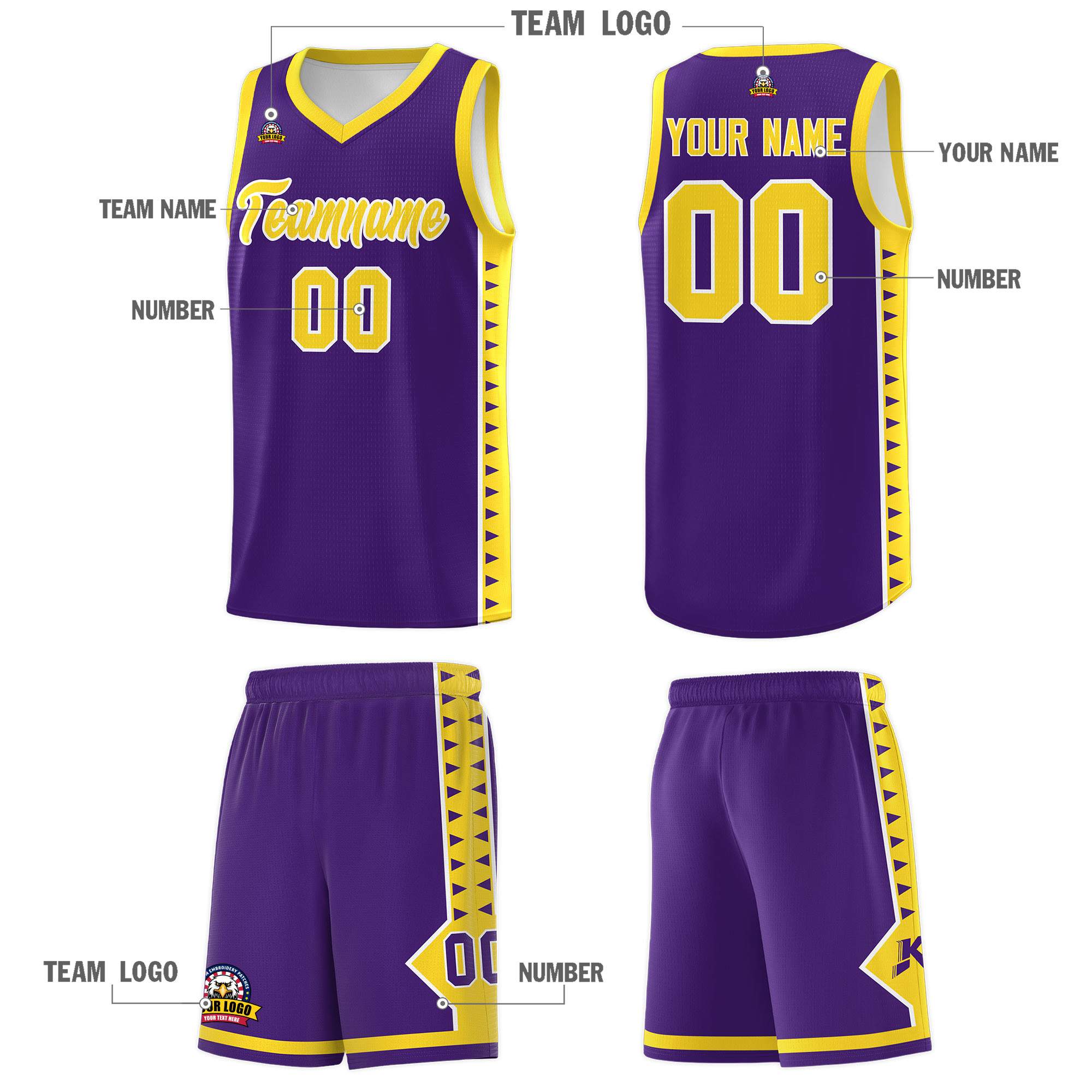 Custom Purple Gold Basketball Kits With Side Zigzag Pattern
