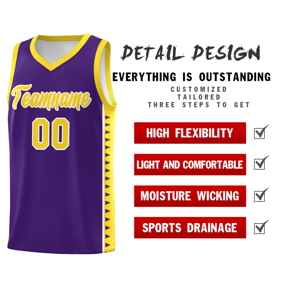 Custom Purple Gold Basketball Kits With Side Zigzag Pattern