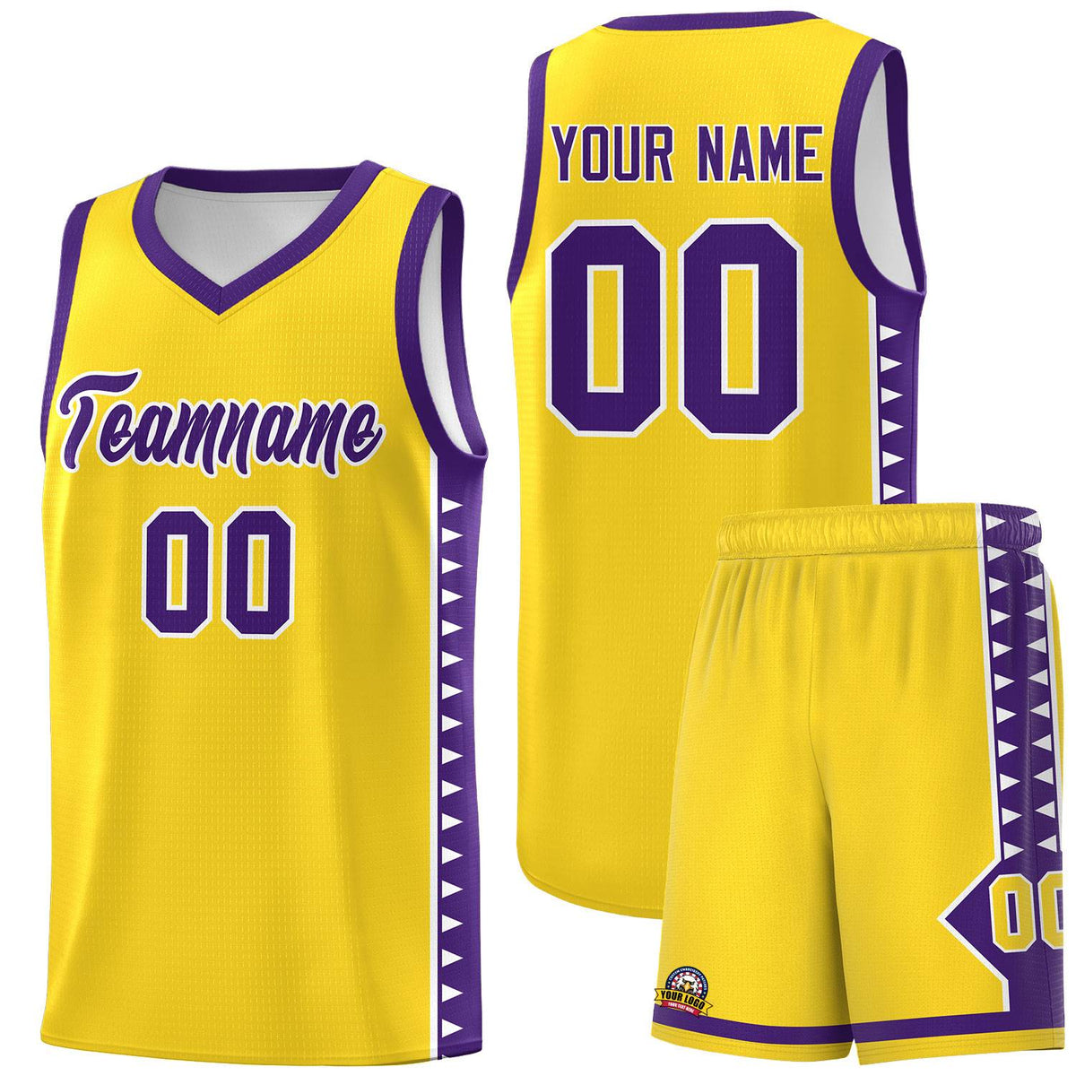 Custom Gold Purple Basketball Kits With Side Zigzag Pattern