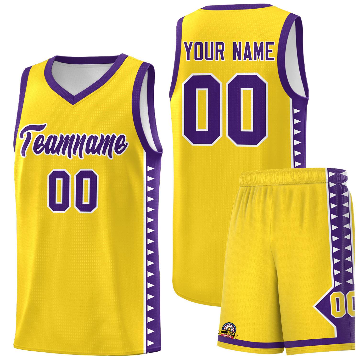 Custom Gold Purple Basketball Kits With Side Zigzag Pattern