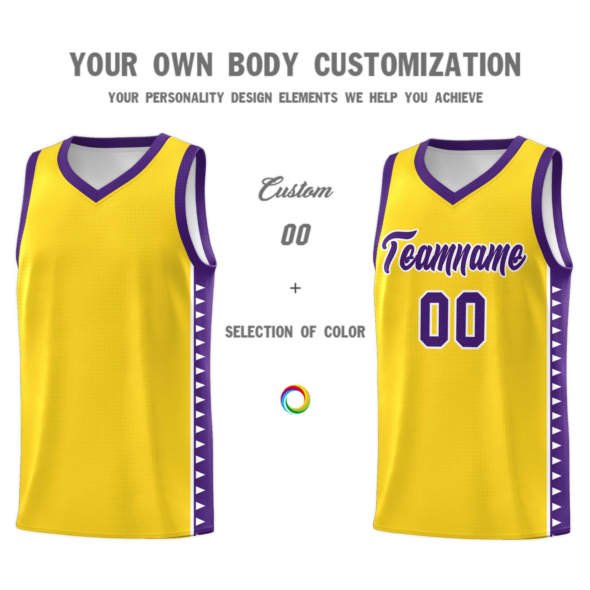 Custom Gold Purple Basketball Kits With Side Zigzag Pattern