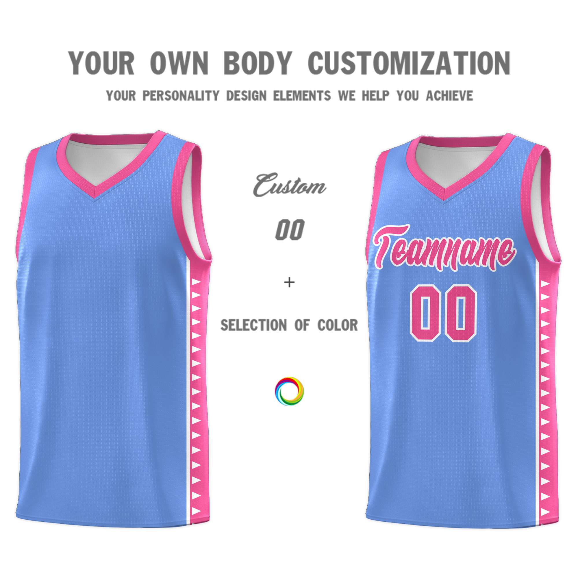 Custom Light Blue Pink Basketball Kits With Side Zigzag Pattern