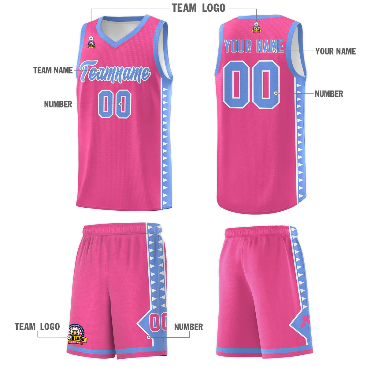 Custom Pink Light Blue Basketball Kits With Side Zigzag Pattern