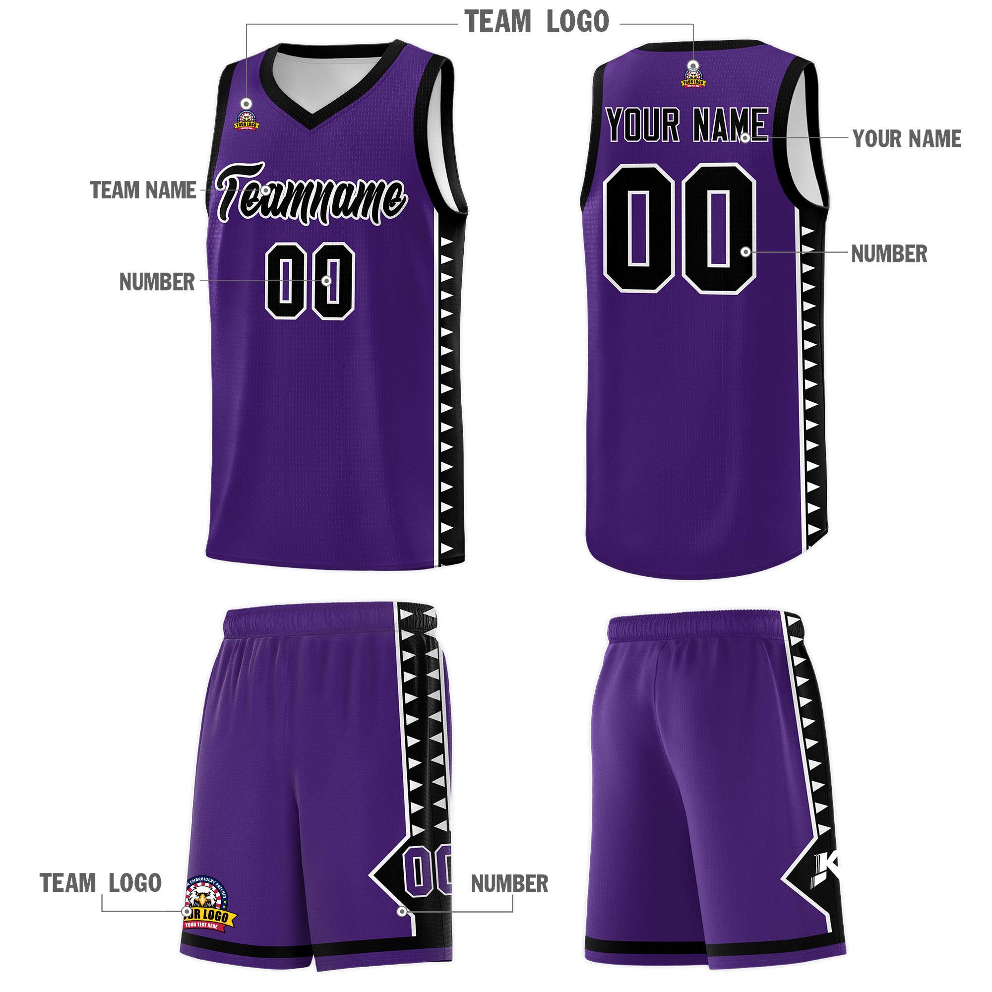 Custom Purple Black Basketball Kits With Side Zigzag Pattern