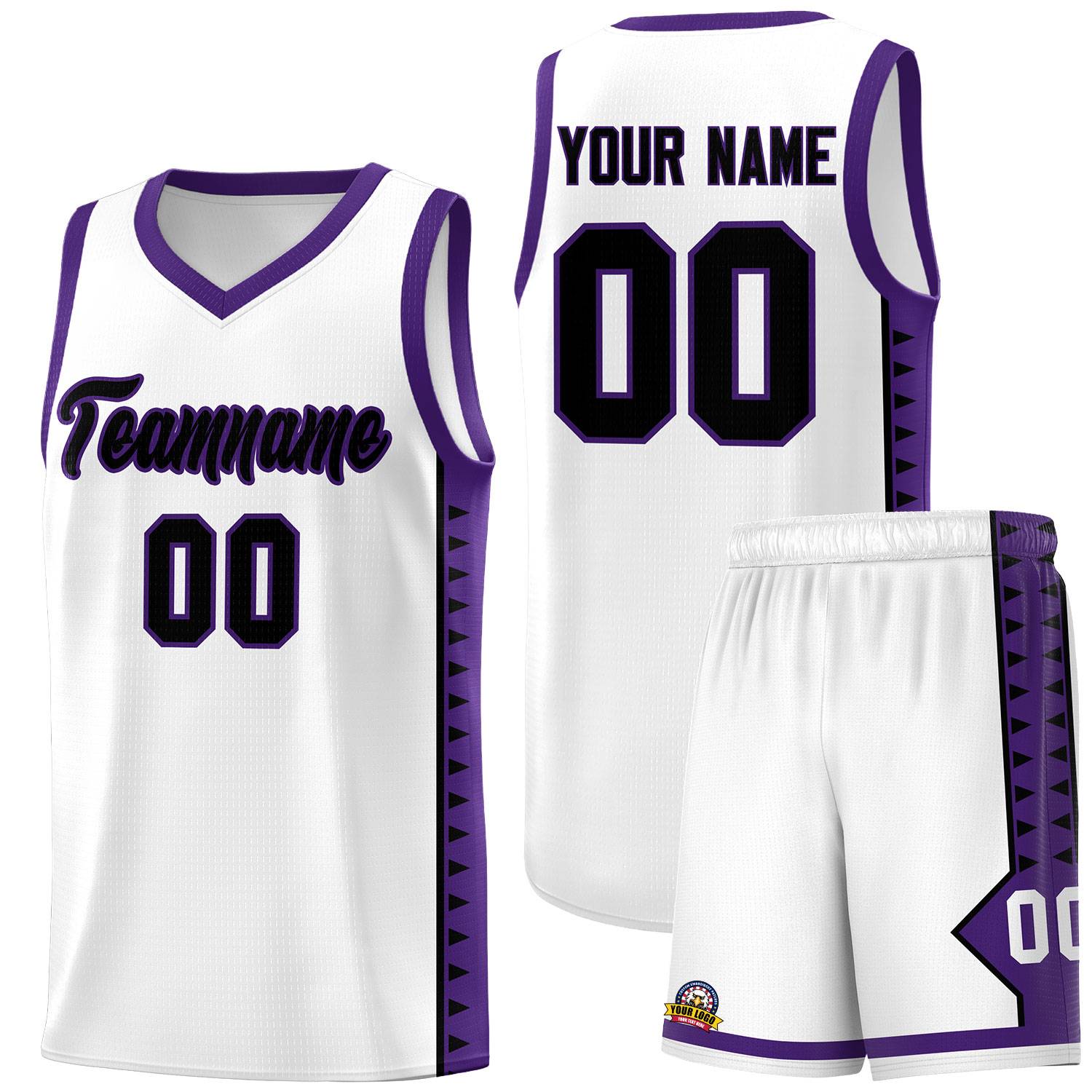Custom White Purple Basketball Kits With Side Zigzag Pattern