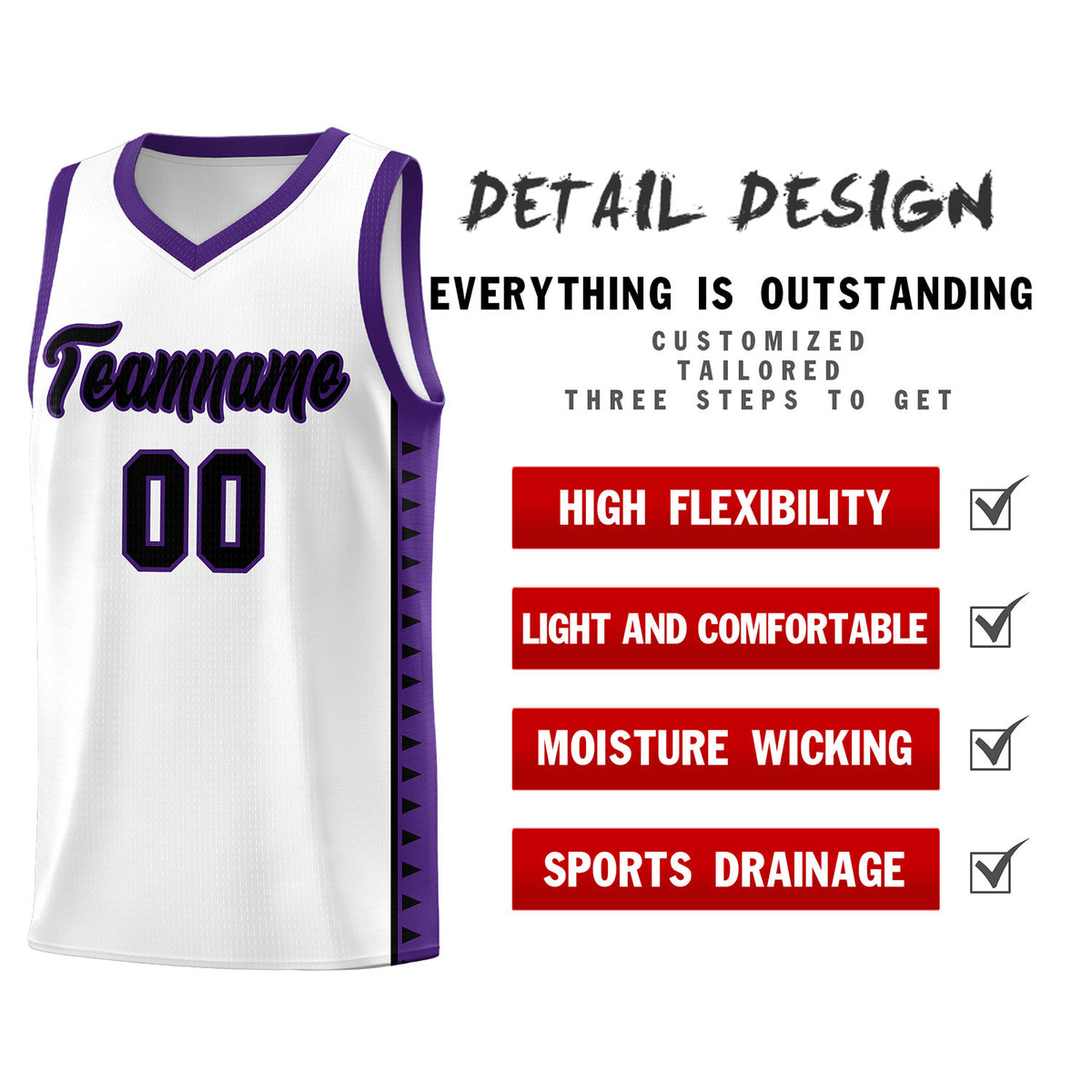 Custom White Purple Basketball Kits With Side Zigzag Pattern