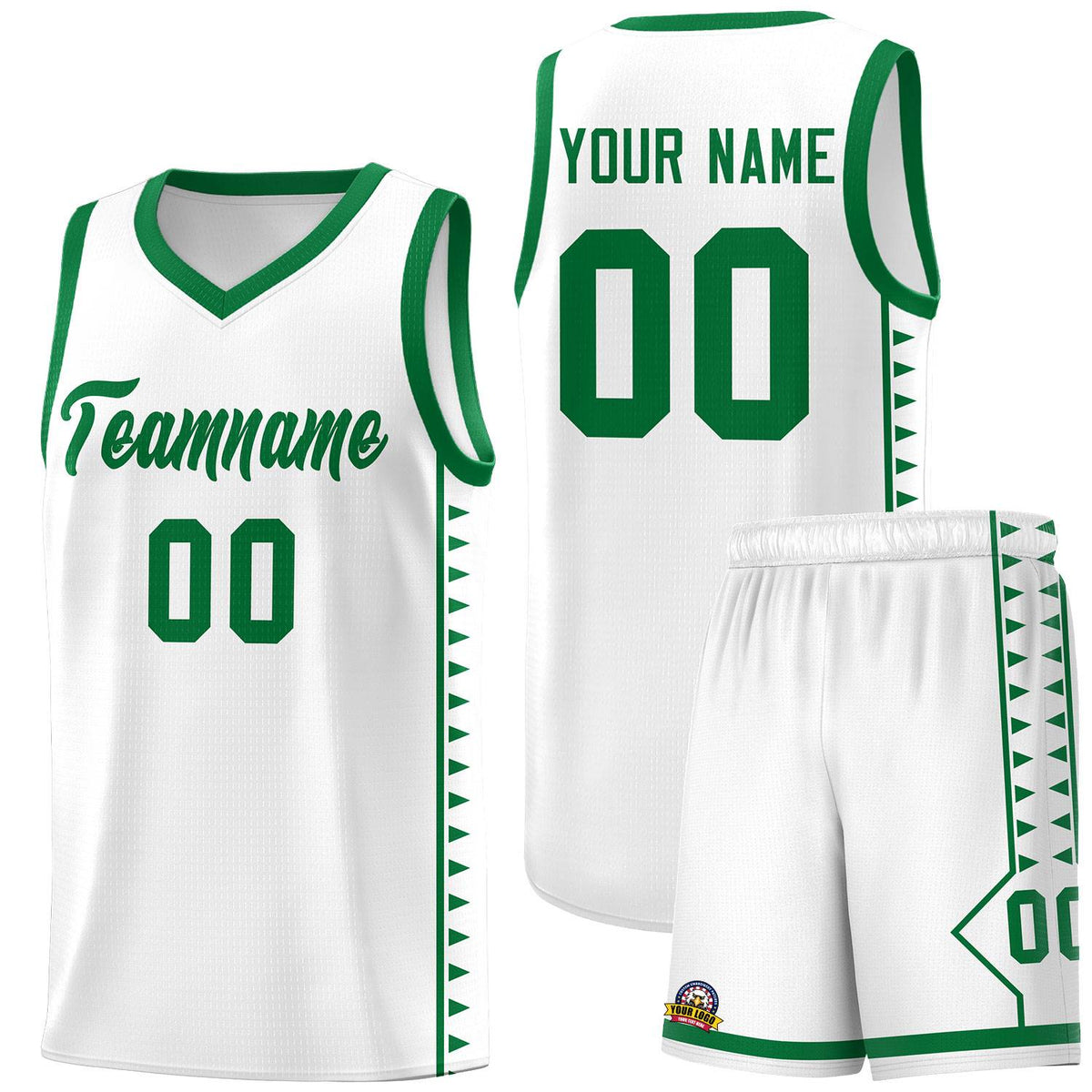 Custom White Kelly Green Basketball Kits With Side Zigzag Pattern