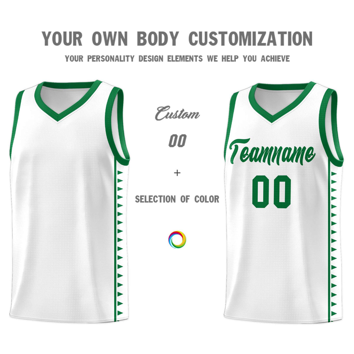 Custom White Kelly Green Basketball Kits With Side Zigzag Pattern