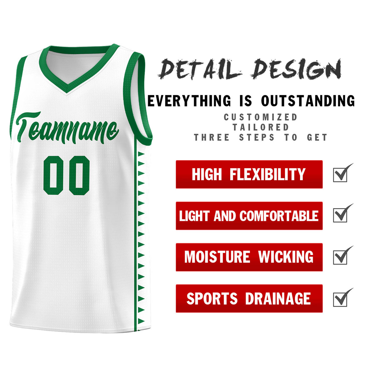 Custom White Kelly Green Basketball Kits With Side Zigzag Pattern