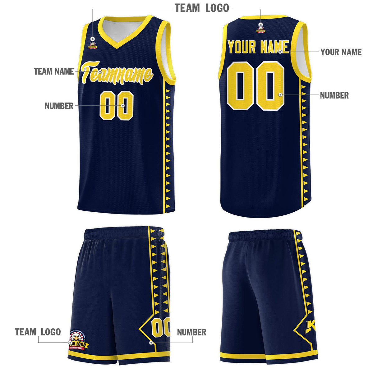 Custom Navy Gold Basketball Kits With Side Zigzag Pattern