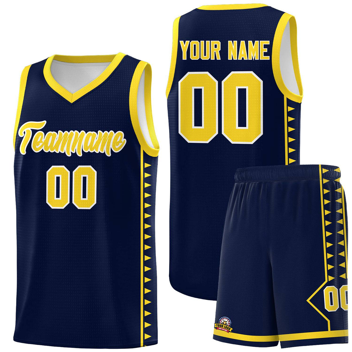 Custom Navy Gold Basketball Kits With Side Zigzag Pattern